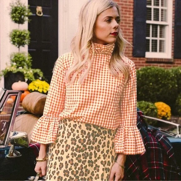 Elizabeth Wilson Katherine Top Gingham Plaid Check Ruffle Neck Orange White XL - Picture 2 of 9